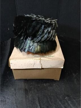 Vintage Antique Black Feathered Hat with Original AM&As Box